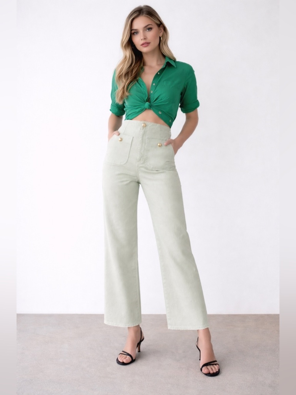 Zara Light Green High Rise Wide Leg Cropped Jeans Size 4